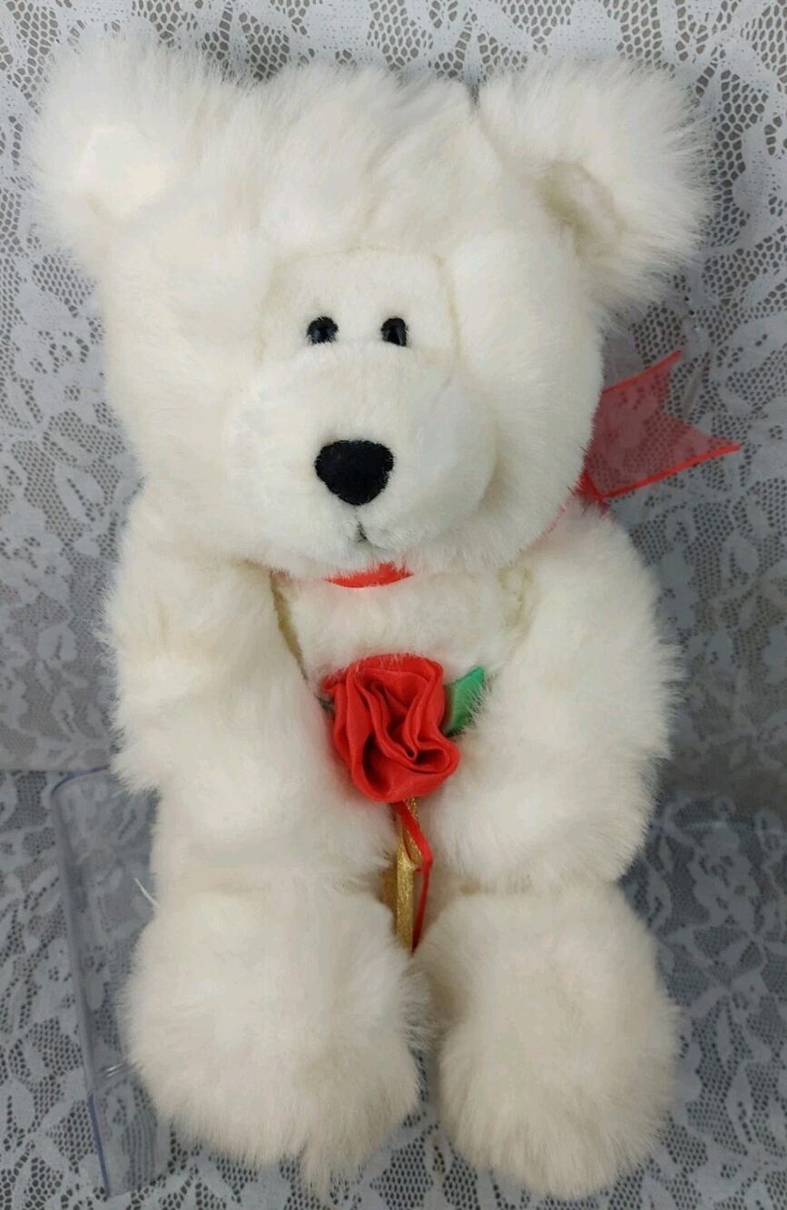 Commonwealth Teddy Bear White Red Rose Ribbon Valentines 19" Plush Stuffed Doll